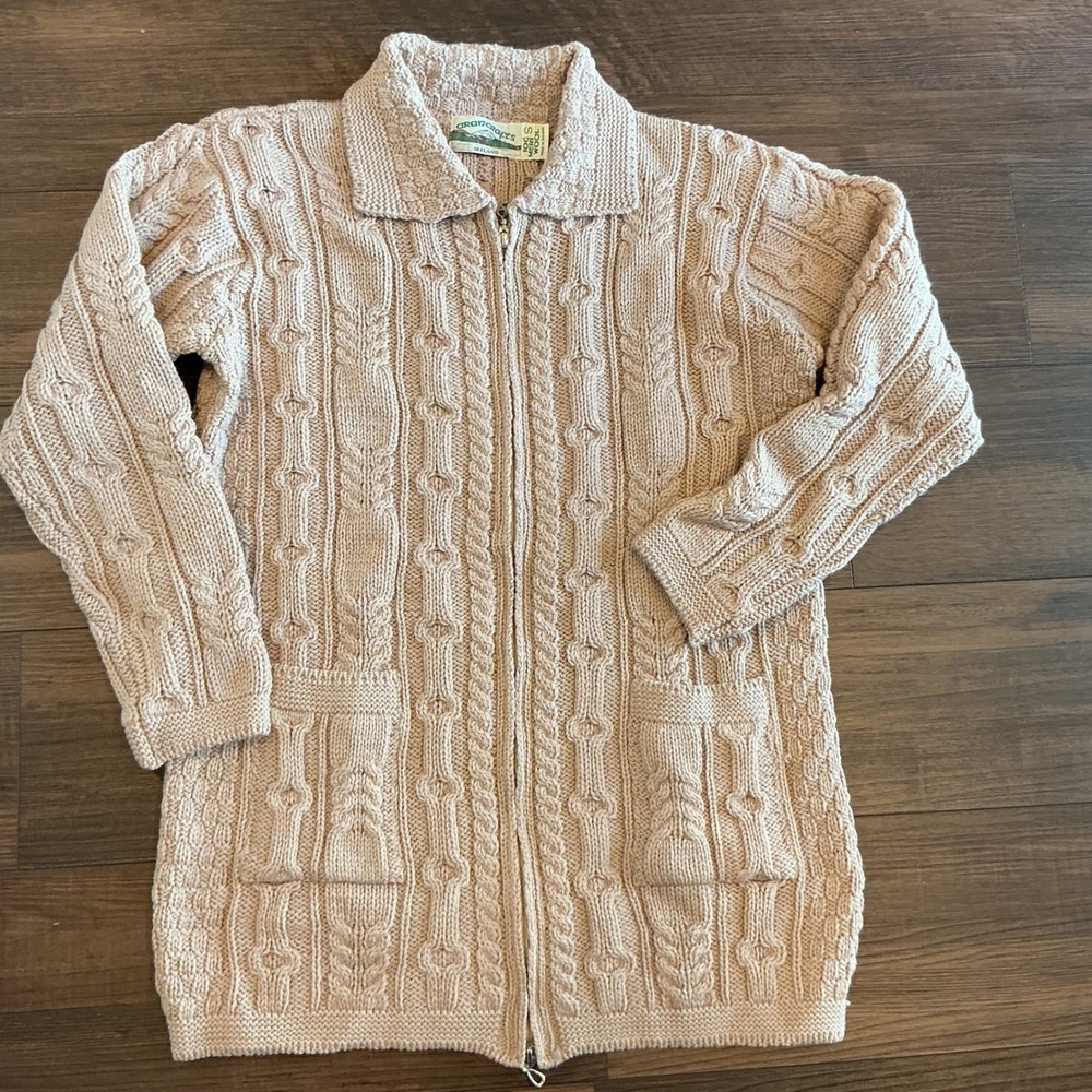 Aran Crafts Ireland 100% Merino Wool Cable Knit Zip Cardigan Sweater sz S Beige